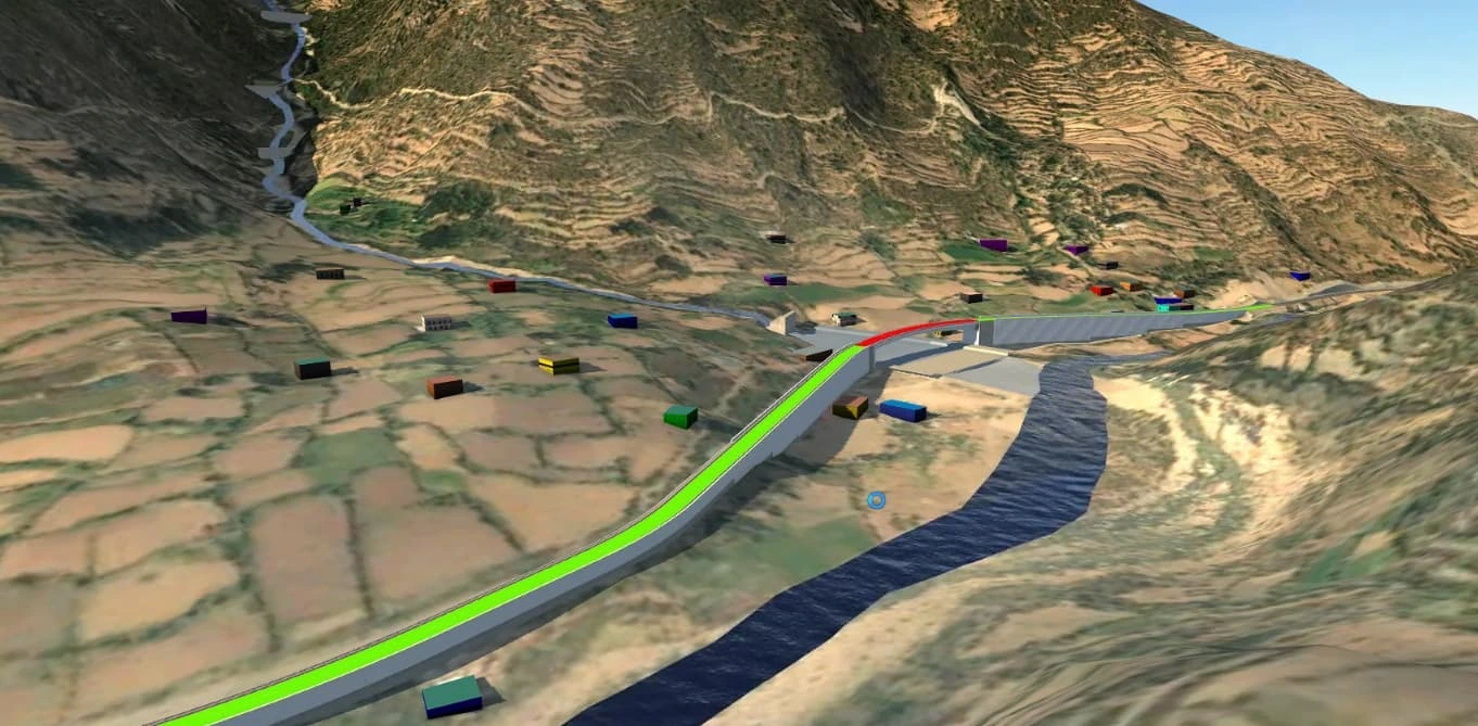 Vista 3D de la alternativa conceptual de puente viga cajón y obras complementarias para el badén Huatarcuya.