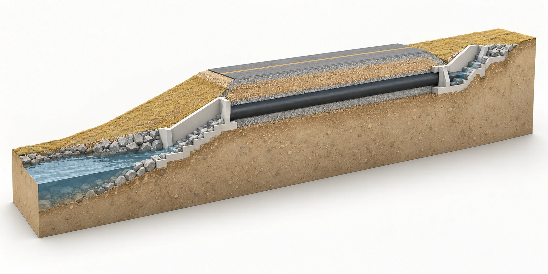 Visualización 3D de estilo BIM de una alcantarilla del tramo Colquemarca–Velille, elaborada con IA.
