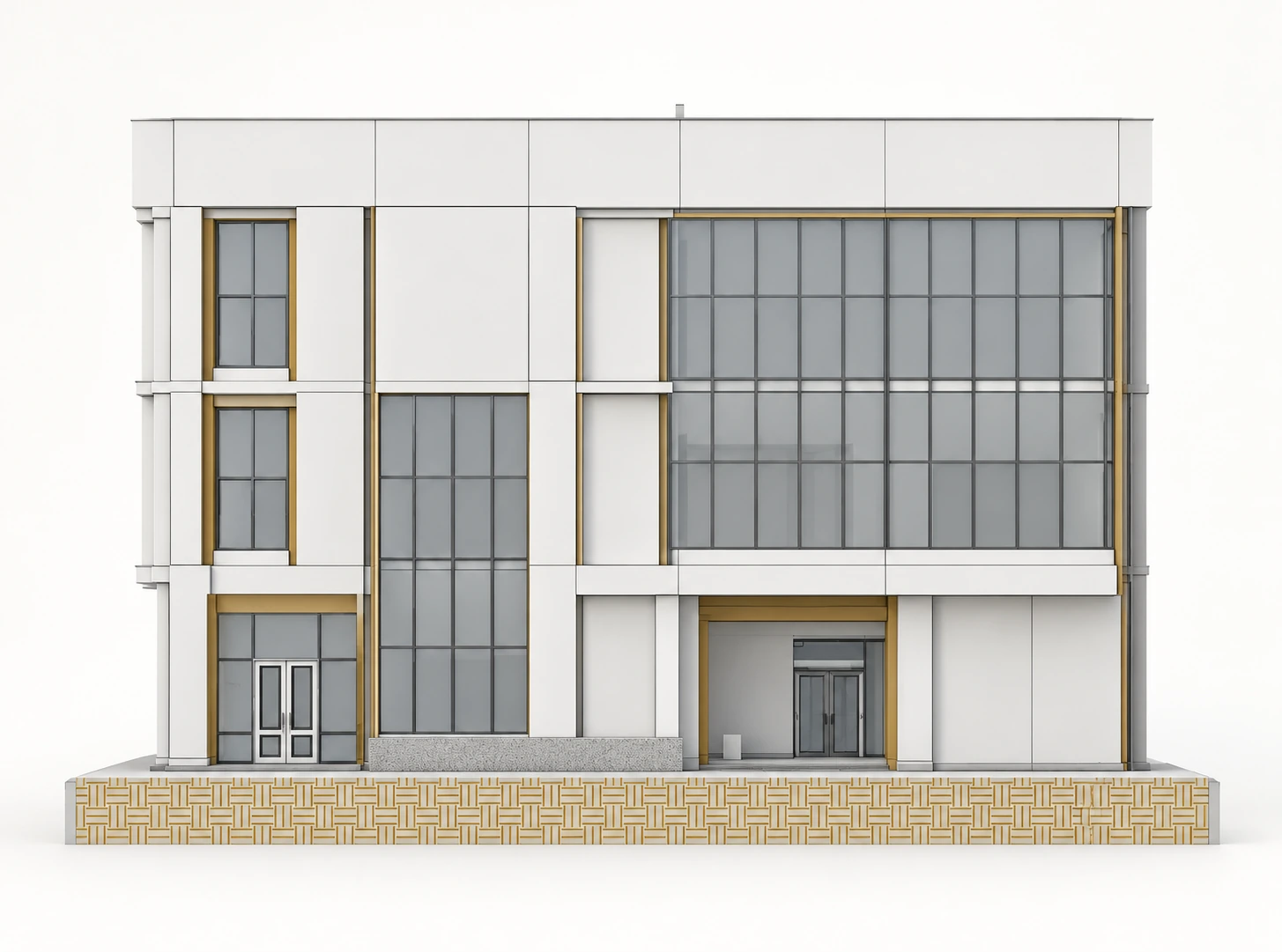 Visualización 3D de estilo BIM de la fachada norte del Centro de Monitoreo de Casma, elaborada con IA.