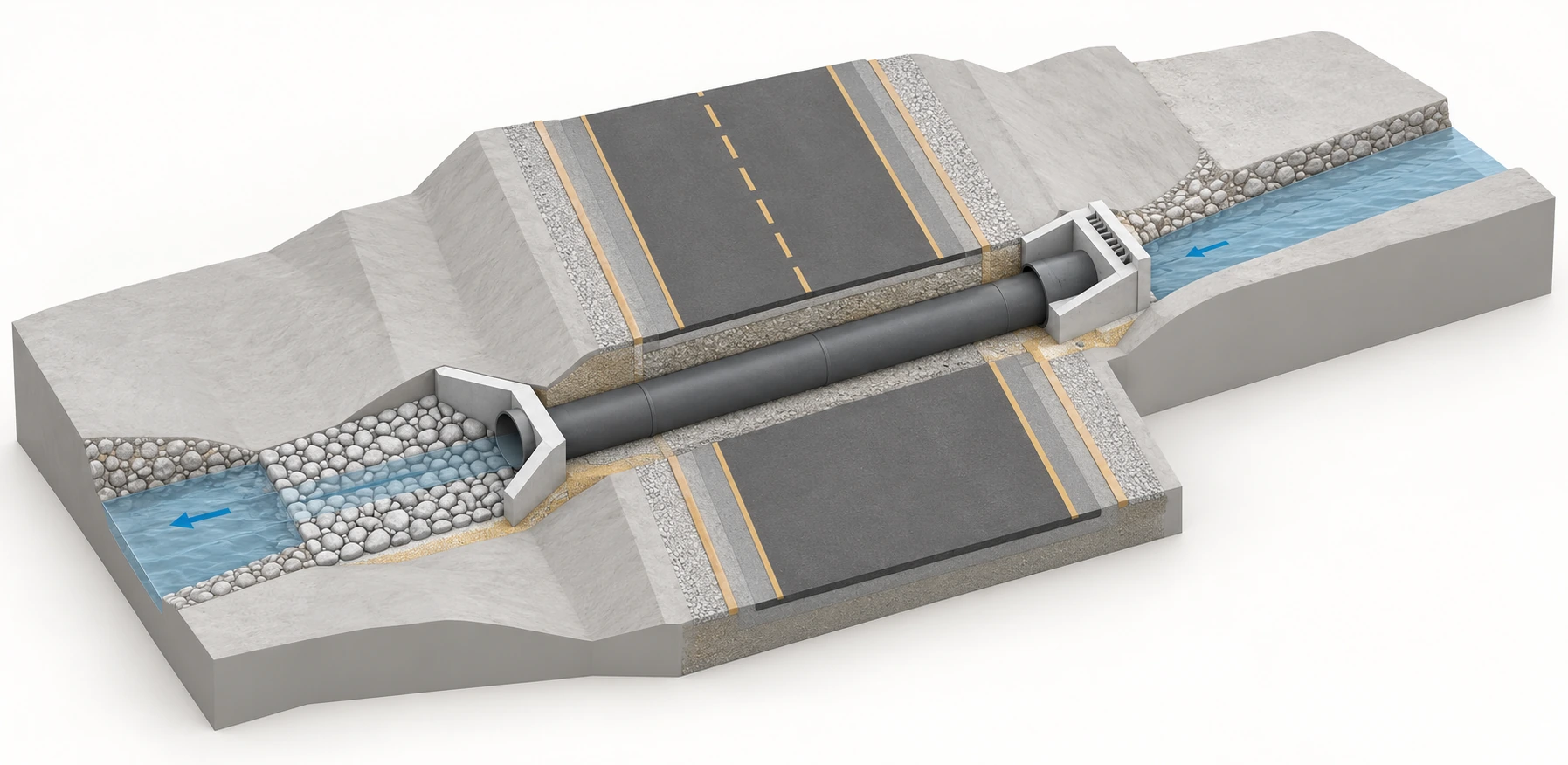 Visualización 3D de estilo BIM de una alcantarilla del corredor vial, elaborada con IA.