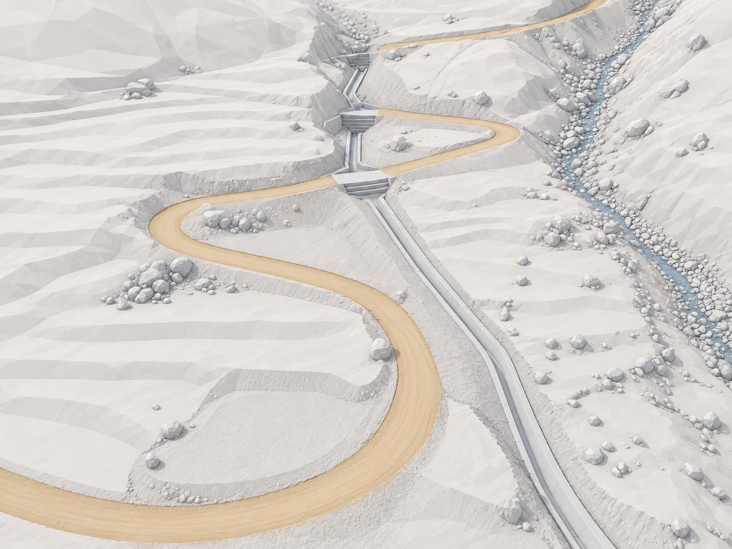 Visualización 3D de estilo BIM de las obras hidráulicas mostradas en la referencia del proyecto Matagente, elaborada con IA.