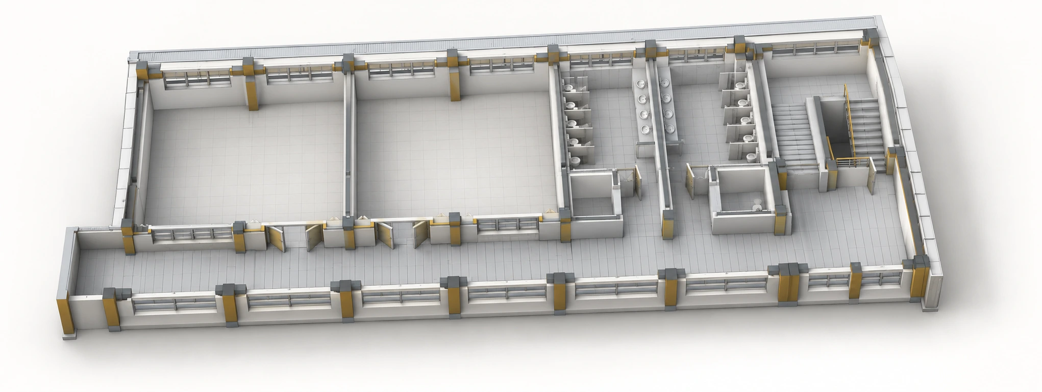 Visualización 3D de estilo BIM de la distribución del primer nivel de la Institución Educativa de La Viña, elaborada con IA.