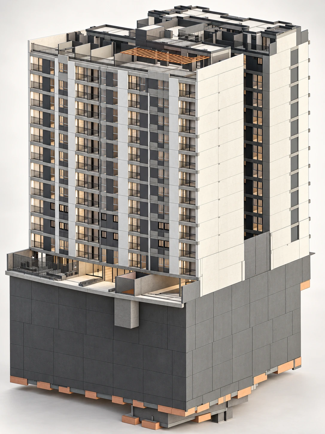 Visualización 3D con IA del edificio Bosqo, incluidos los niveles de sótano.