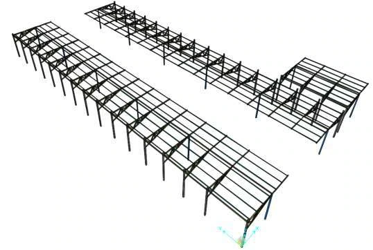 Modelo estructural de las coberturas metálicas del estacionamiento de la Dirección de Educación de la PNP, incluido en la memoria de cálculo del proyecto.