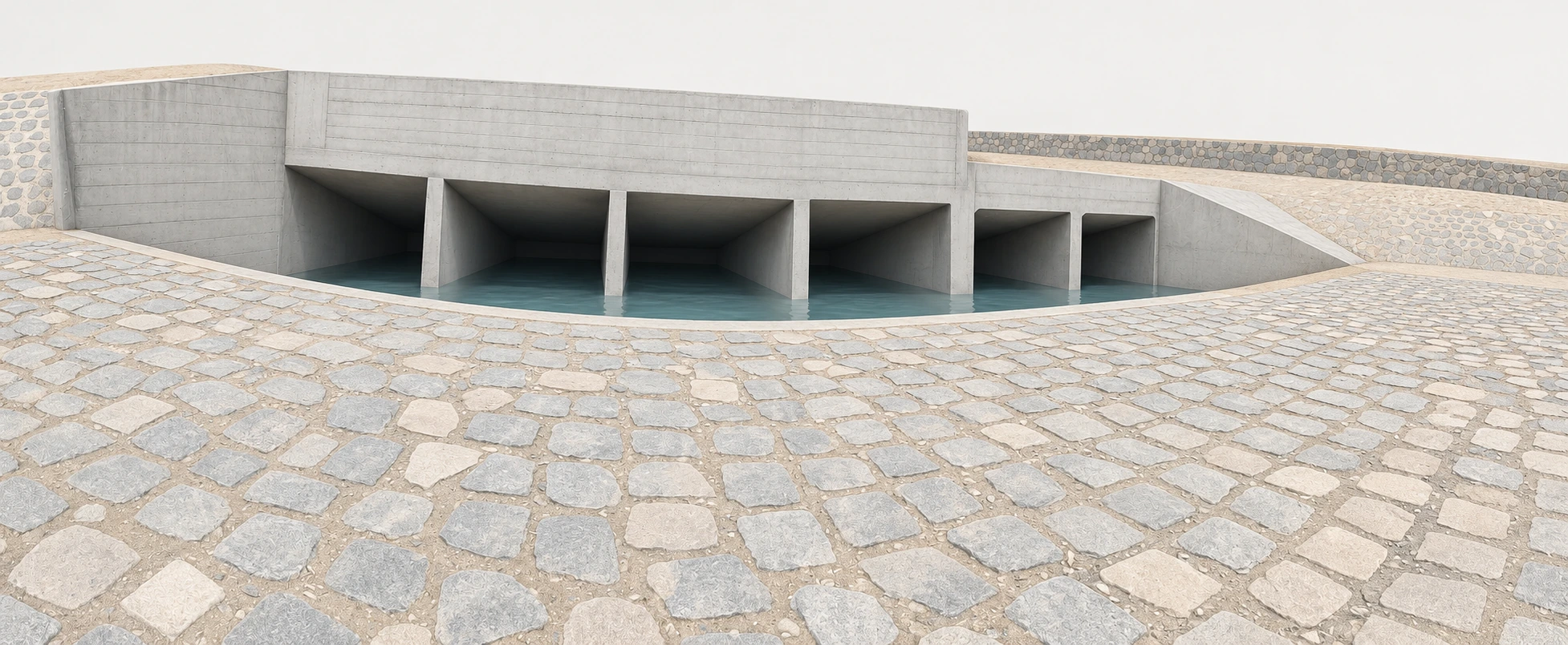 Visualización 3D de estilo BIM de la infraestructura de drenaje del área de estudio del río Mala, elaborada con IA.
