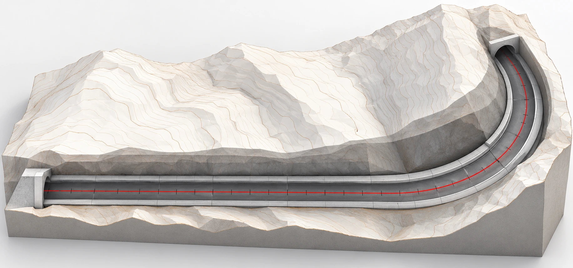 Visualización 3D de estilo BIM del trazado del túnel Izcuchaca–Mayocc, elaborada con IA.