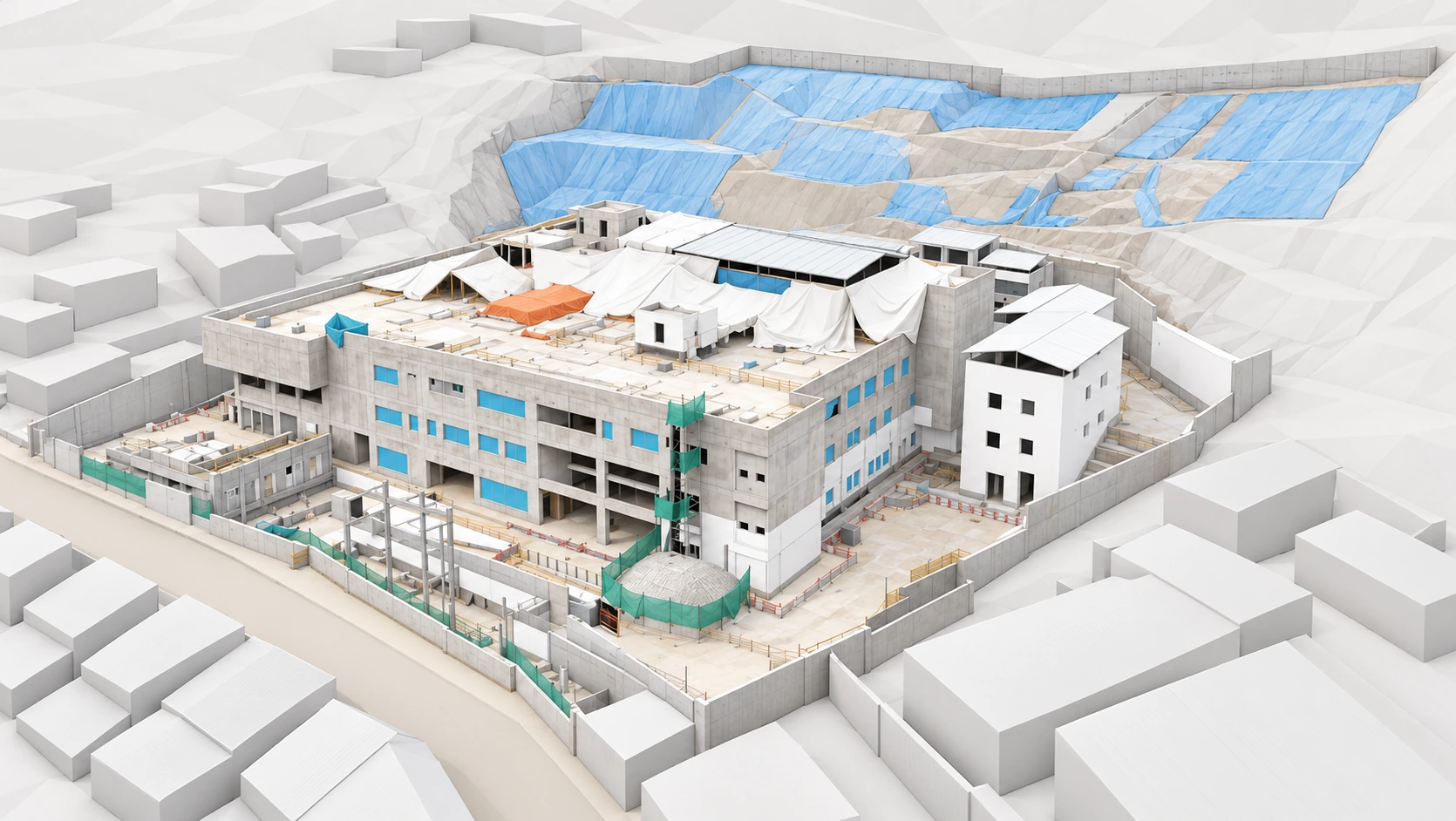 Visualización 3D de estilo BIM del Hospital de Pomabamba durante su construcción, elaborada con IA.