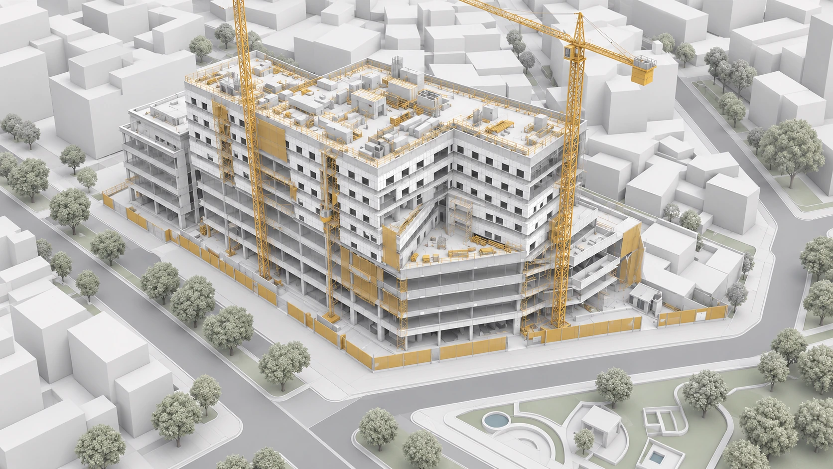 Visualización 3D de estilo BIM de la torre hospitalaria San Borja durante su construcción, elaborada con IA.