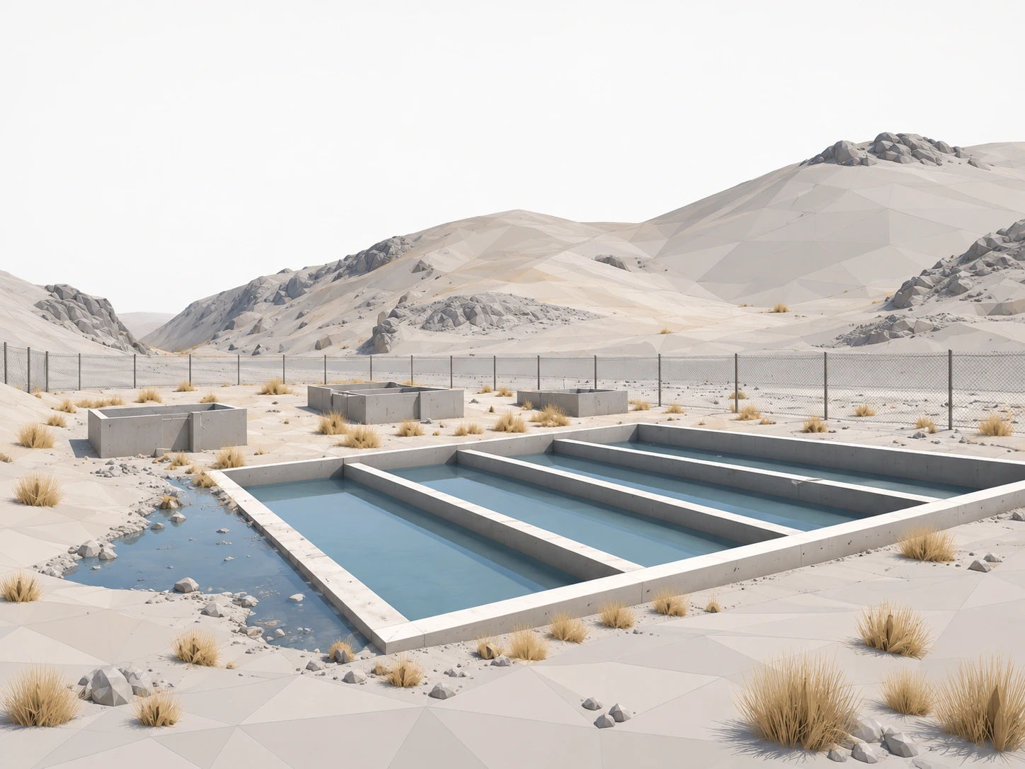 Visualización 3D de estilo BIM de las unidades de tratamiento de la PTAR de Palca, elaborada con IA.