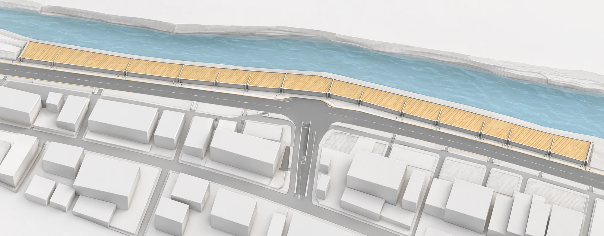 Visualización 3D de estilo BIM de los accesos y muros del proyecto Puente Santa Rosa, elaborada con IA.