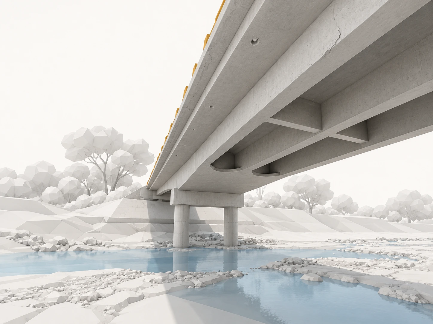 Visualización 3D de estilo BIM de la vista inferior del Puente Palo Verde, elaborada con IA.