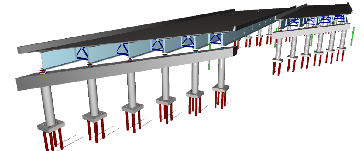 Modelo BIM de un puente de acero con vigas, pilares y cimentaciones.